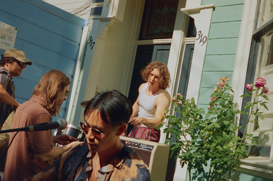 Band setting up on the porch before playing SF Porchfest